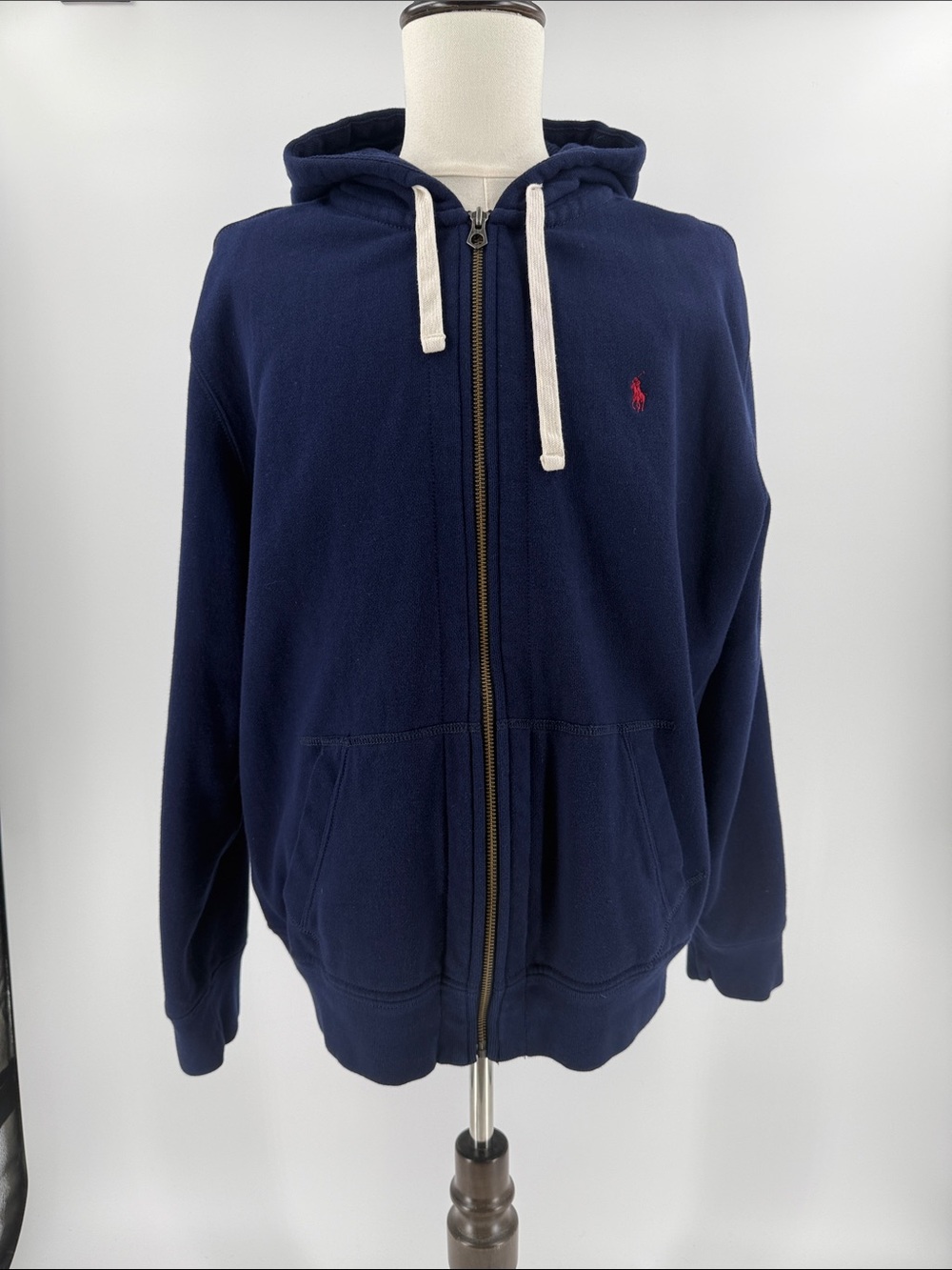 Ralph Lauren Navy Hooded Zip Sweatshirt with Cream Drawstrings and Red Pony